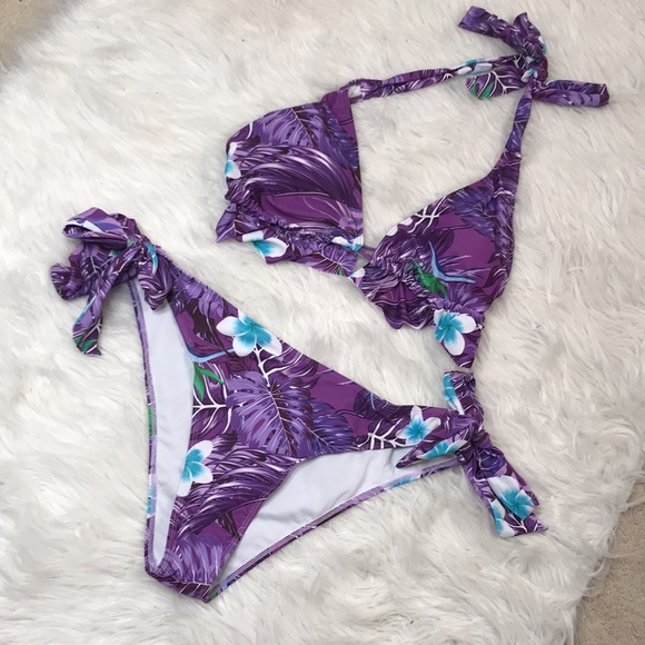 Purple Tropical side tie bikini 2k Hawaiian print - Picture 6 of 7